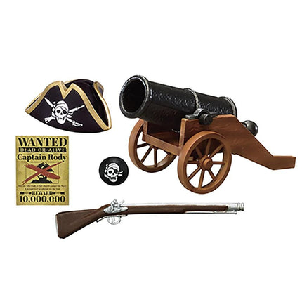 a pirate-themed toy set, including a pirate hat, a cannon, a toy gun, and a wanted poster.