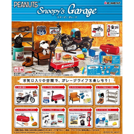 The image is a collection of various Peanuts-themed miniature figures and accessories, including a Peanuts-themed motorcycle, a Peanuts-themed chair, and a Peanuts-themed toolbox. The scene is set in a Peanuts-themed garage, with a Peanuts-themed motorcycle and other Peanuts-themed items displayed throughout the image.