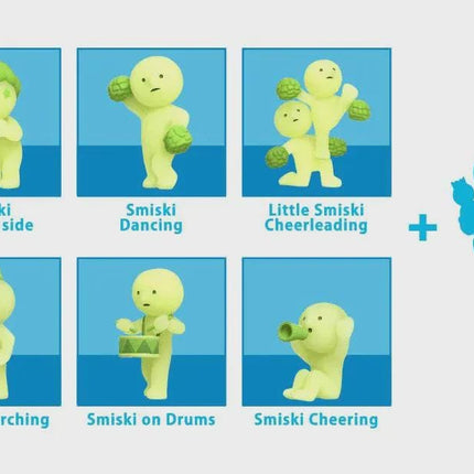 six different figurines, each representing a unique activity or role, including Smiski dancing, Smiski cheering, Smiski marching, Smiski on drums, Smiski cheering, and Smiski cheering.