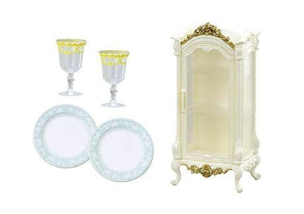 a white china cabinet, two plates, and two wine glasses.