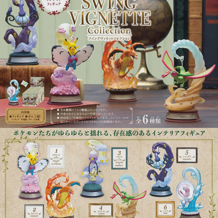 The image is a collection of various Pokemon figurines, including Swinging Vignette figures, displayed on a table.