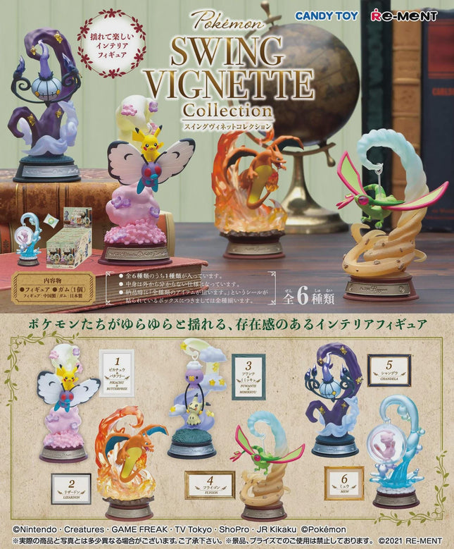 The image is a collection of various Pokemon figurines, including Swinging Vignette figures, displayed on a table.