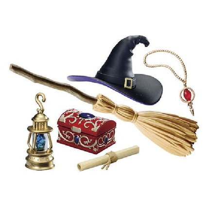a witch's hat, a lantern, a chest, a broom, and a scroll.