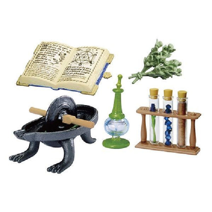 various objects, including a book, a frog-shaped object, a lamp, a plant, and a set of glass bottles.