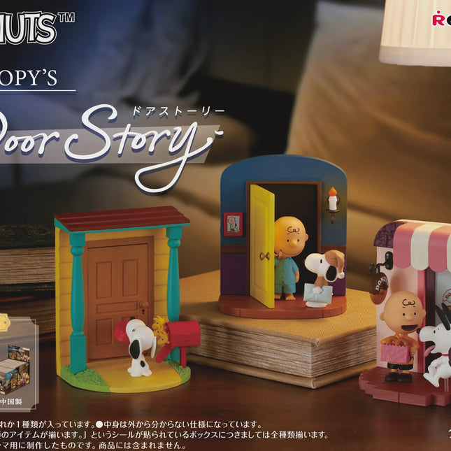 Miniature door story figure set of 6 showing multiple door dioramas with Snoopy