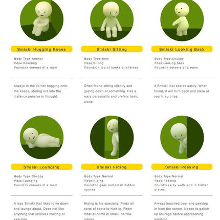 The image is a collage of six different images depicting various poses and expressions of a small white figurine, including hugging knees, sitting, looking back, lounging, hiding, and peeking.