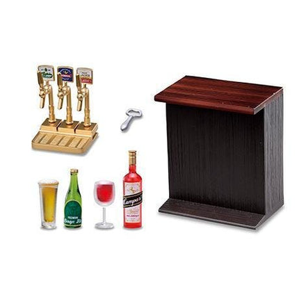 various objects related to a bar or restaurant setting, including a wooden bar, beer taps, a bottle, a wine glass, a corkscrew, and a bottle opener.