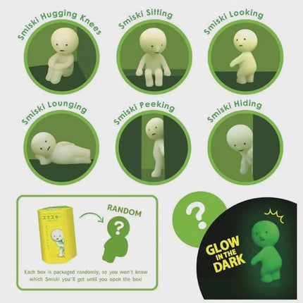 a collection of six different images of a small, white figurine in various poses, including sitting, lounging, peeking, hiding, and looking. The figurine appears to be a character or toy designed to glow in the dark.