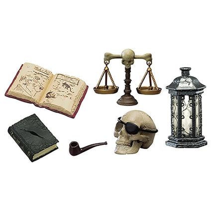 various objects, including an open book, a skull, a pipe, a lantern, and a scale.