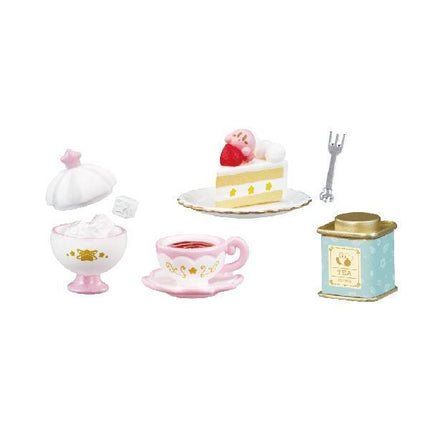 various food and drink items, including a slice of cake, a teacup, a teapot, a sugar bowl, and a tea tin.