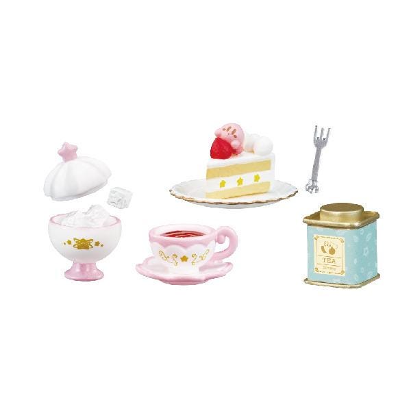 various food and drink items, including a slice of cake, a teacup, a teapot, a sugar bowl, and a tea tin.
