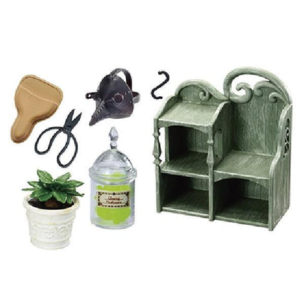 various objects, including a pair of scissors, a potted plant, a candle, a wooden shelf, and a mask.