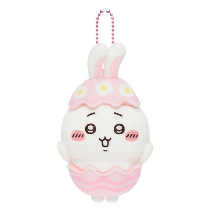 White plush Easter mascot hanging charm with pink bunny ears and egg shell outfit