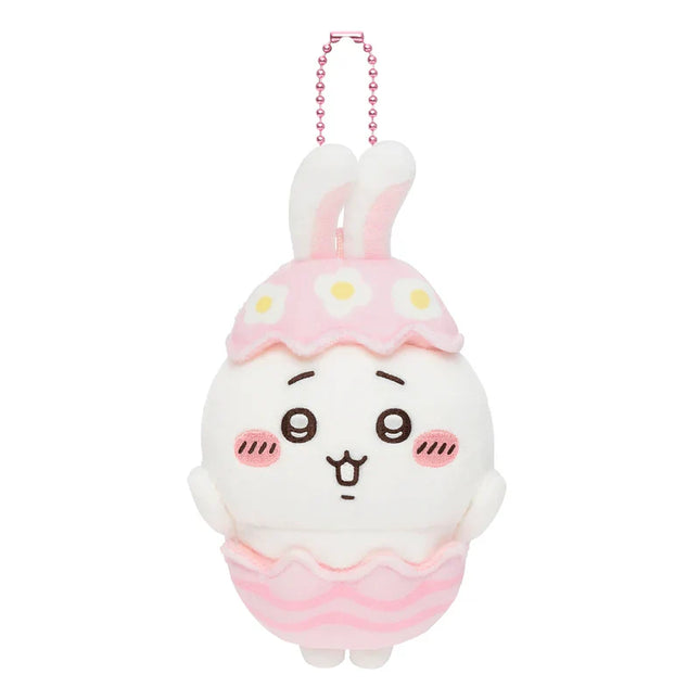 White plush Easter mascot hanging charm with pink bunny ears and egg shell outfit