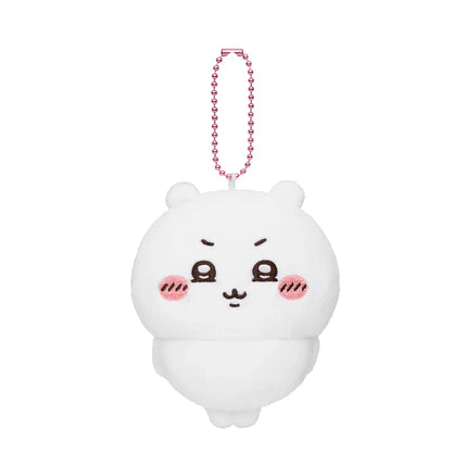 White plush mascot keychain with pink beaded chain and smiling face