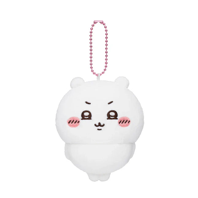 White plush mascot keychain with pink beaded chain and smiling face