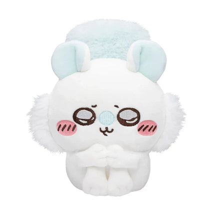 Front view Chiikawa plush toy with sad face, brown eyes, pink cheek marks