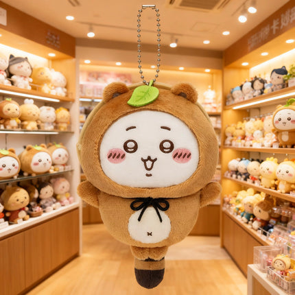 Tanuki series plush keychain, brown mascot with white face and green leaf on top