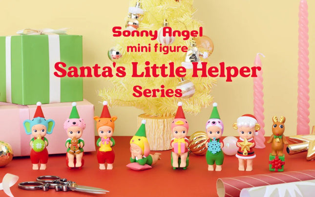 Santa's Little Helper mini figures lined up in front of Christmas decor