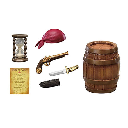 a pirate-themed scene with a barrel, a paper with a pirate code, a pirate hat, a pirate gun, a pirate knife, and a pirate clock.