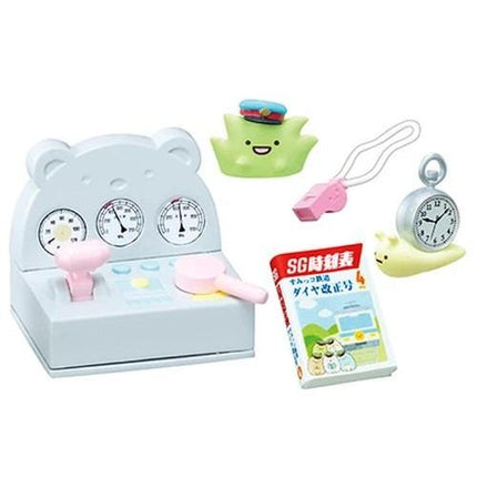a toy cash register, a toy whistle, a toy clock, and a toy book, all of which are white in color.