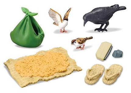 various objects, including a green bag, a bird, a piece of bread, a pair of sandals, and a bird figurine.
