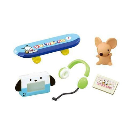 a variety of colorful and playful toys, including a blue skateboard, a small brown mouse, a white and blue game controller, a green and black headset, and a small white and red toy.