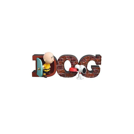 A cartoon character holding a dog in a brick wall, with the word "dog" spelled out in the background.