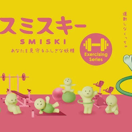 The image is a vibrant advertisement for the SMISKI Exercising Series, featuring a group of small, anthropomorphic figurines engaged in various fitness activities. The background is a bright yellow, and the text "NEW!" is prominently displayed in the top left corner. The SMISKI logo is also featured, along with the text "Exercising Series" in the center.
