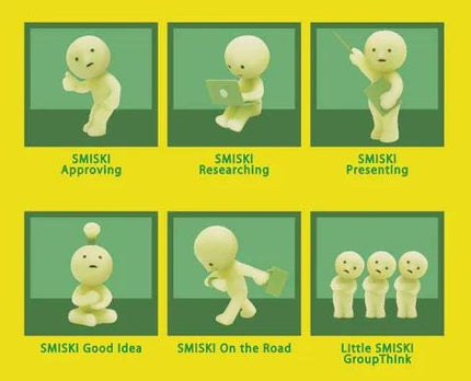 The image is a collage of six different images featuring a small white figure, each depicting a different scenario related to SMISKI, such as Approving, Researching, Presenting, Good Idea, On the Road, and GroupThink.