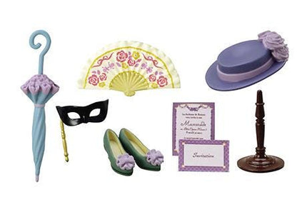 various accessories and items, including a blue umbrella, a black mask, a purple hat, a pair of green shoes, a purple invitation card, and a brown stand.