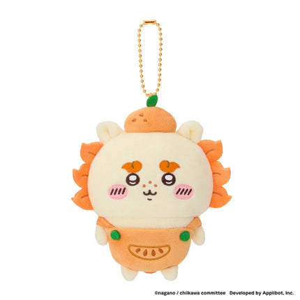 Plush pocket fruit mascot keychain, orange tiger-style plush with green leaf and gold bead cord