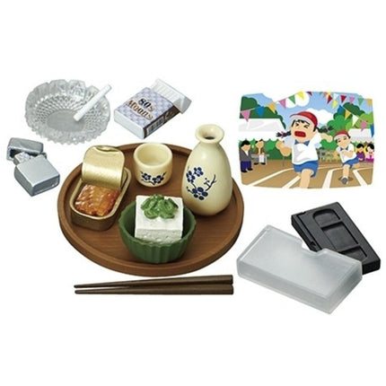 various items, including a plate with food, chopsticks, a vase, a cigarette pack, a lighter, and a picture of two people.