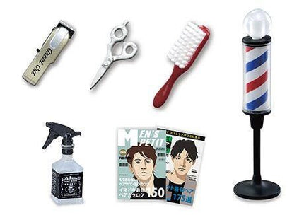 various grooming and personal care items, including a pair of scissors, a red brush, a barber pole, a spray bottle, and a magazine.