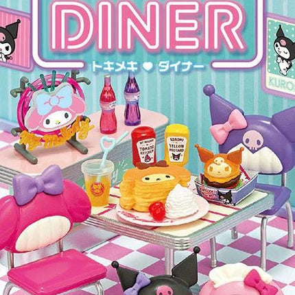 The image is a vibrant and colorful depiction of a Hello Kitty-themed diner, featuring various Hello Kitty characters and accessories such as chairs, tables, and food items like pancakes and drinks.