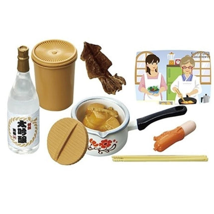 various food items and utensils, including a bottle of alcohol, a bowl, a hot dog, chopsticks, and a picture of a woman cooking.