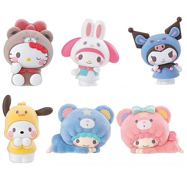Set of 6 plush-style Sanrio character capsule toys, assorted outfits