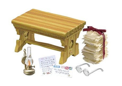 a wooden bench, a stack of papers, a pair of glasses, and a lantern.