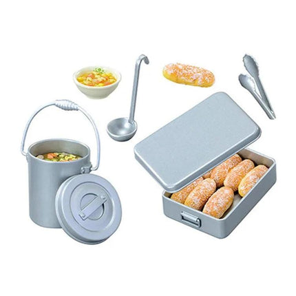 various food items and utensils, including a metal container with a lid, a metal bowl, a metal spoon, a metal ladle, a metal tray with pastries, and a metal container with a lid.