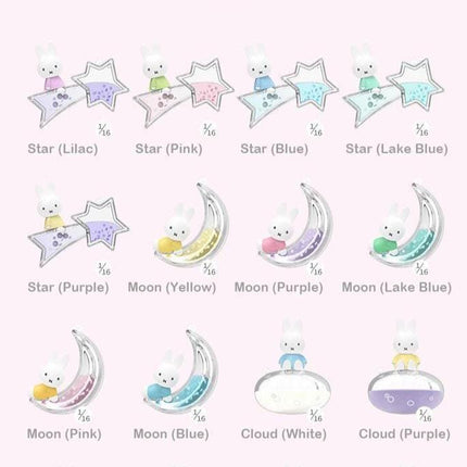 a collection of 12 different cartoon rabbit characters, each with unique features and colors, arranged in a grid format. The characters are labeled with their respective colors and types, such as 'Star (Llac), Star (Pink), Star (Blue), Star (Lake Blue), Star (Purple), Moon (Yellow), Moon (Purple), Moon (Lake Blue), Star (Purple), Moon (Yellow), Moon (Purple), Moon (Lake Blue), Star (Purple), Moon (Yellow), Moon (Purple), Moon (White), and Star (Purple).