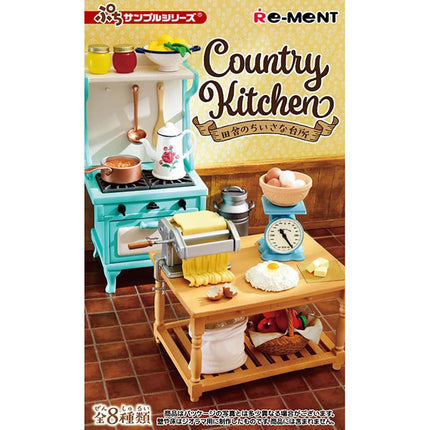 The image is a colorful and detailed miniature kitchen set, featuring various appliances and accessories such as a stove, oven, sink, and scale. The kitchen scene is set against a yellow background, creating a warm and inviting atmosphere.