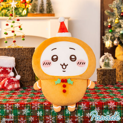 Orange ginger man big plush toy with red Santa hat, cute smiling face and garland bib