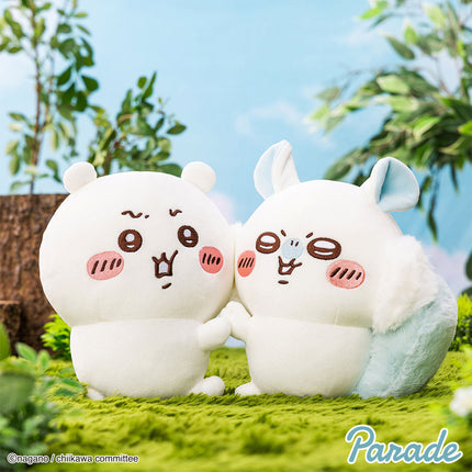 Plush toy set of two white round characters with rosy cheeks, tiny paws, and ear tips