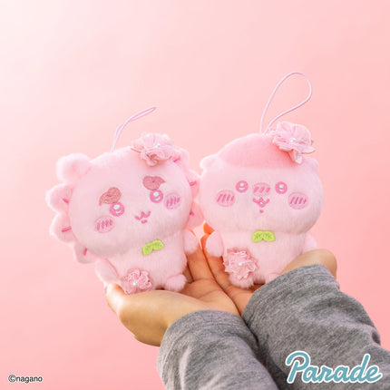 Chiikawa sakurairo plush mascot set of two pink plush with hanging loops, held in hands