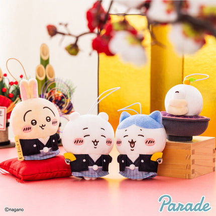 New Year mascot plush trio with rabbit and cat faces in black jackets and blue skirts