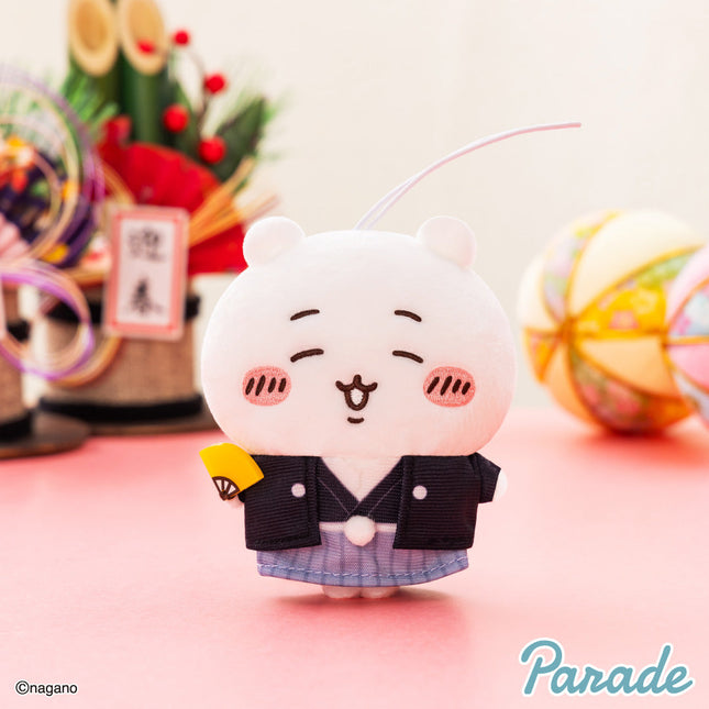 New Year mascot plush character with white bear face, black jacket and blue skirt