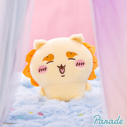 Super fluffy plush toy, cream lion-like face with orange tuft ears