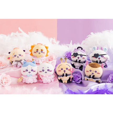 Plush angel-and-demon mascot set with bows and dangling keychains, assorted characters