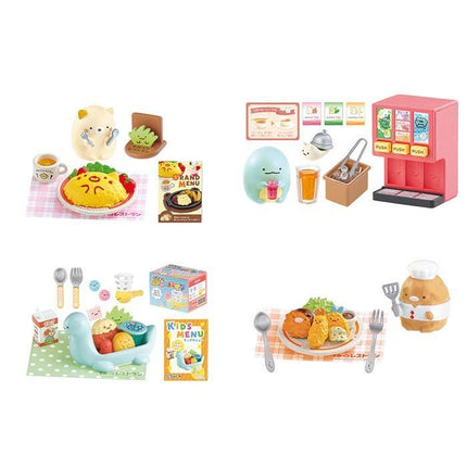 four different scenes depicting various toys and food items, including a toy vending machine, a toy kitchen set, a toy fish, and a toy chef.