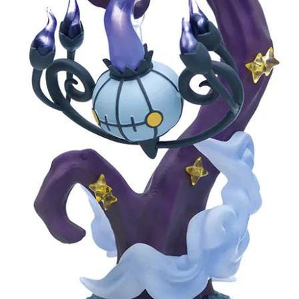 A figurine of a chandelier with purple and blue colors, gold stars, and a white base.